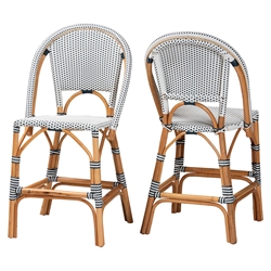 bali & pari Genica Classic French Two-Tone Navy and White Weaving and Natural Rattan 2-Piece Counter Stool Set